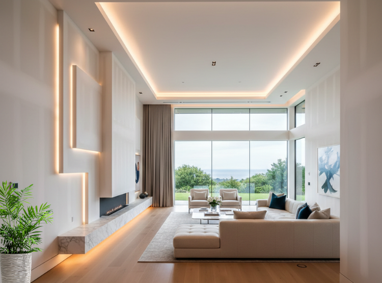 Finished open-concept living area with smooth drywall surfaces and custom indirect lighting in East Lyme, CT.