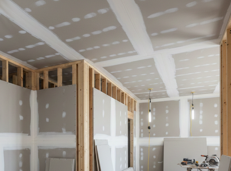 Drywall taping and spackling in progress on framing for a home interior project in Connecticut