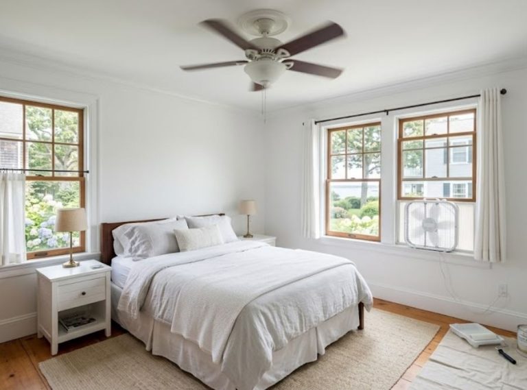 Freshly painted bedroom in a New London, CT home with open windows to improve ventilation while interior paint cures.