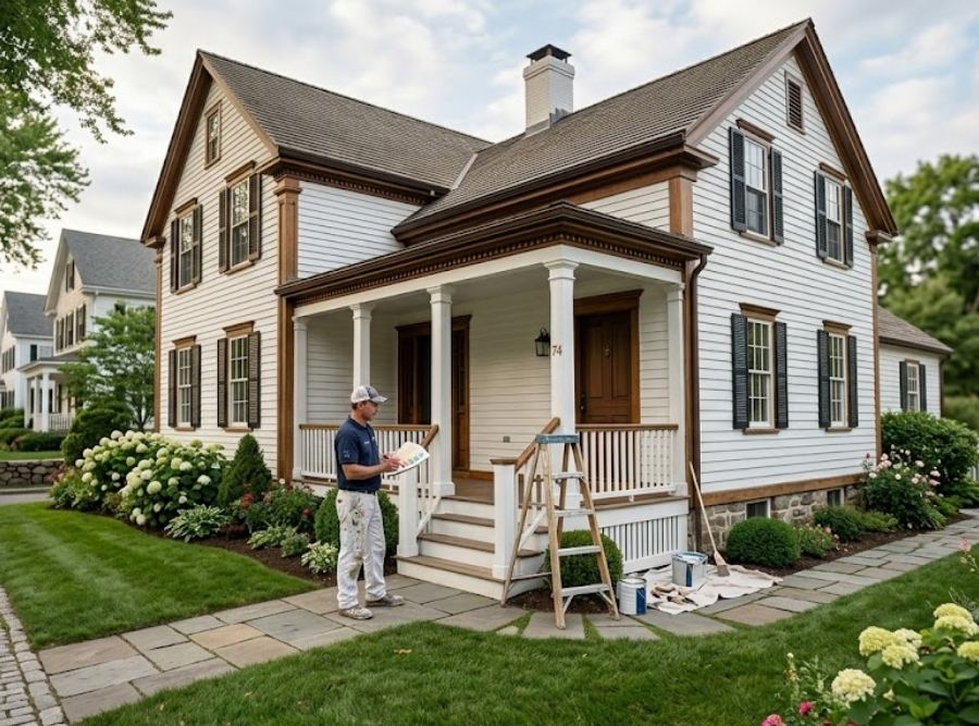 Freshly painted historic Colonial home in New London, CT with restored clapboard siding and original wood trim.