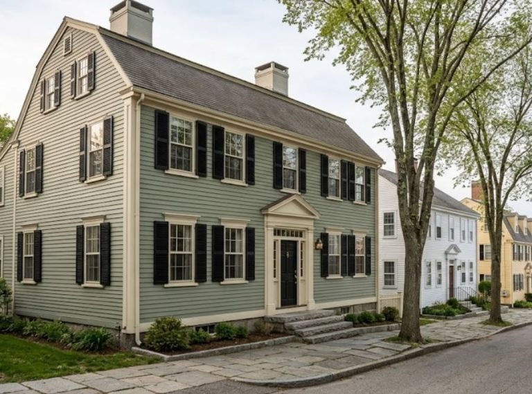 Historic Colonial home in Stonington Borough featuring a traditionally appropriate exterior paint color palette and restored wood trim.