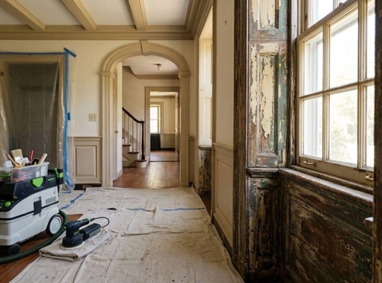 old painted trim in a pre-1978 Connecticut home before lead-safe surface preparation.