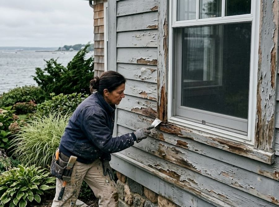 Peeling and bubbling exterior paint on a coastal Connecticut home near Long Island Sound caused by moisture and weather exposure.