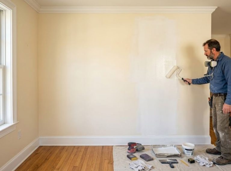 Professional drywall repair and priming to eliminate visible drywall flashing in a Flanders CT home.