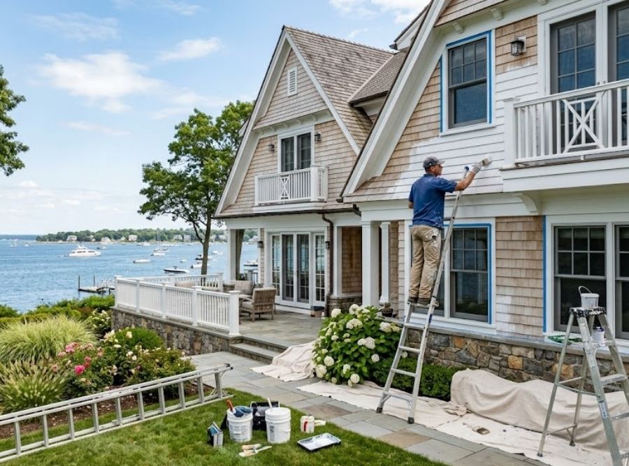 Professional exterior painting on a Connecticut shoreline home using premium paint designed for coastal salt air and humid weather conditions.