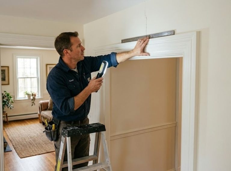 Professional inspecting a drywall crack above a doorway in a Flanders, CT home to determine whether it is cosmetic or structural.