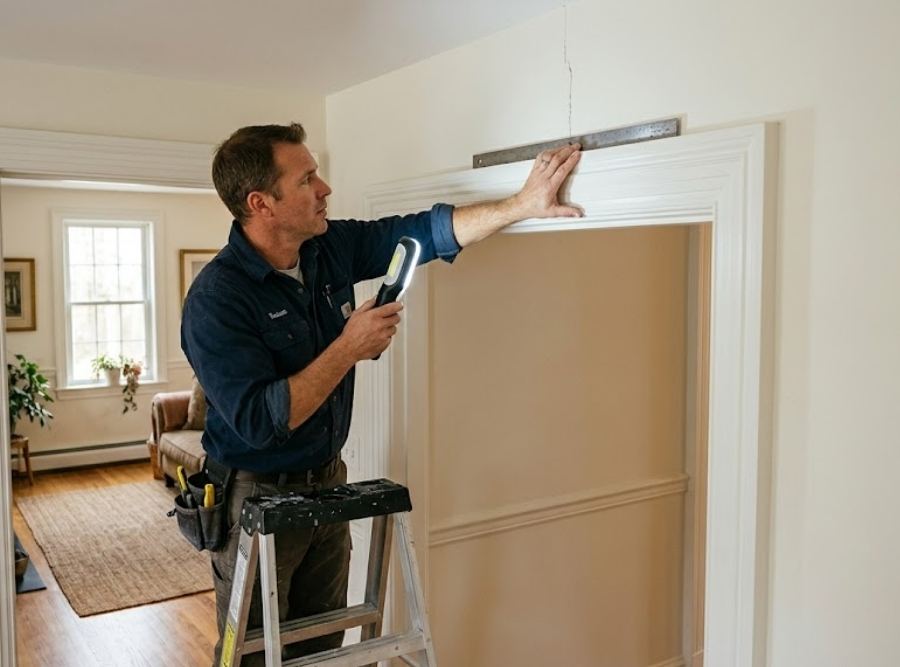 Professional inspecting a drywall crack above a doorway in a Flanders, CT home to determine whether it is cosmetic or structural.