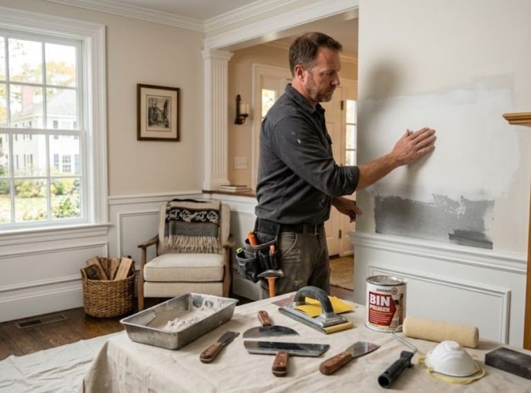 Professional inspecting a fully dried drywall repair before sanding and painting in a Connecticut home.