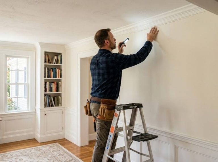 Professional inspecting a recurring drywall crack where the wall meets the ceiling in an East Lyme, CT home.