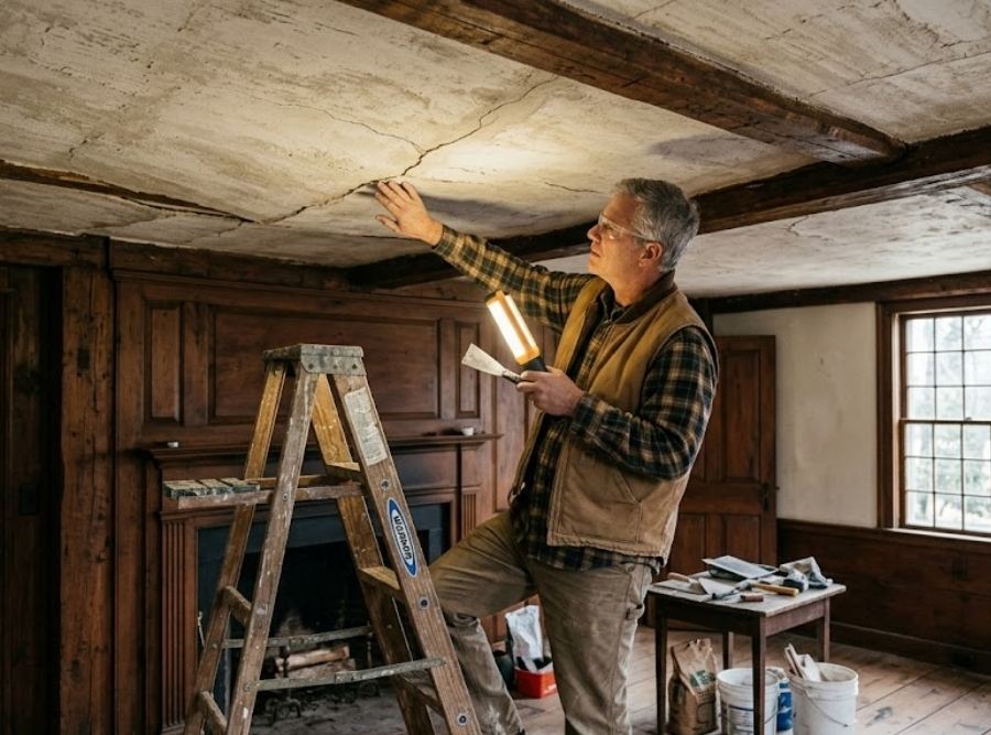 Professional inspecting a sagging plaster ceiling in an older New England home before restoration and repair.