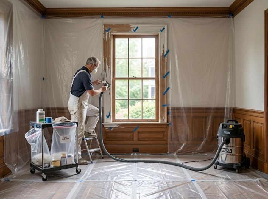 Professional painter using lead-safe painting practices while preparing an older New London CT home for repainting.