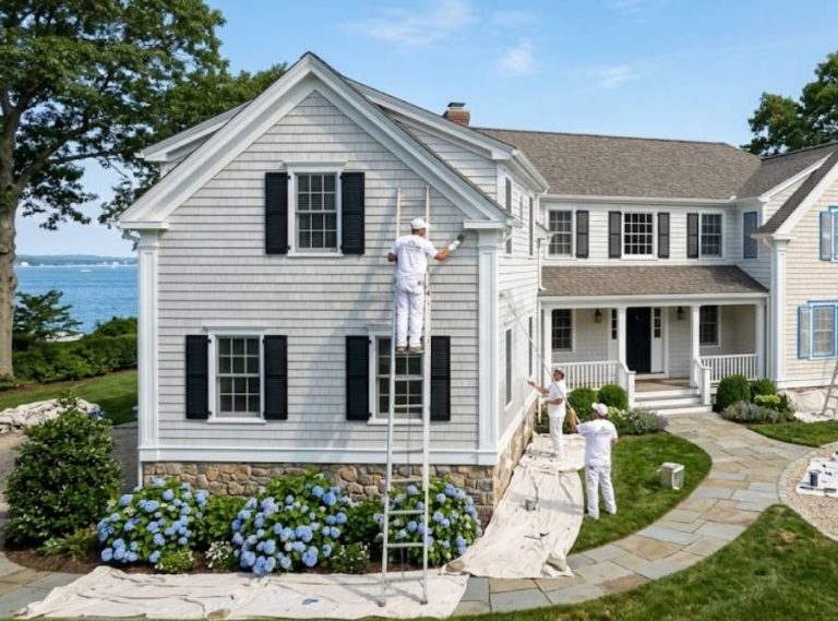 Professional painters applying exterior paint to a luxury Connecticut shoreline house in East Lyme.