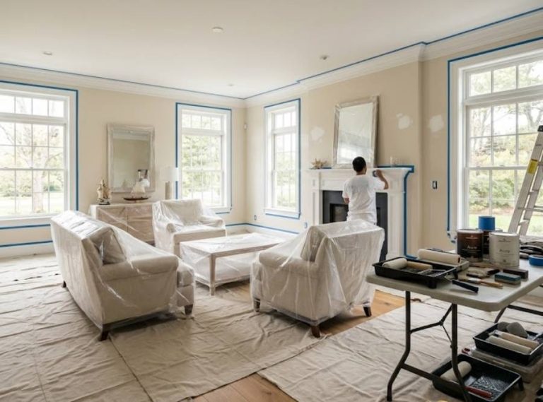 Professional painters preparing a luxury Connecticut living room with drop cloths and painter's tape.