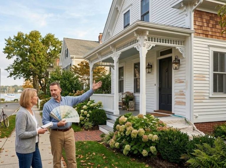 Historic Mystic Connecticut home restoration planning with paint consultant.