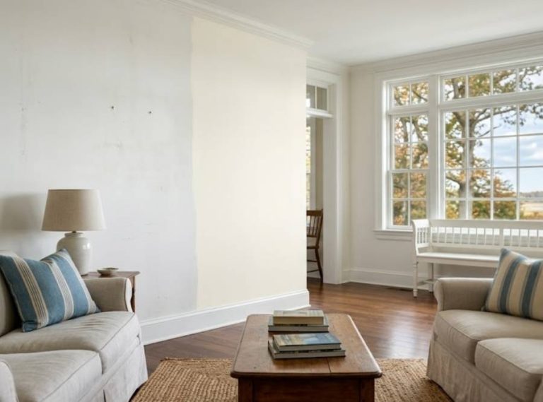 Coastal living room with a wall transitioning from aged, scuffed paint to a fresh, new coat.