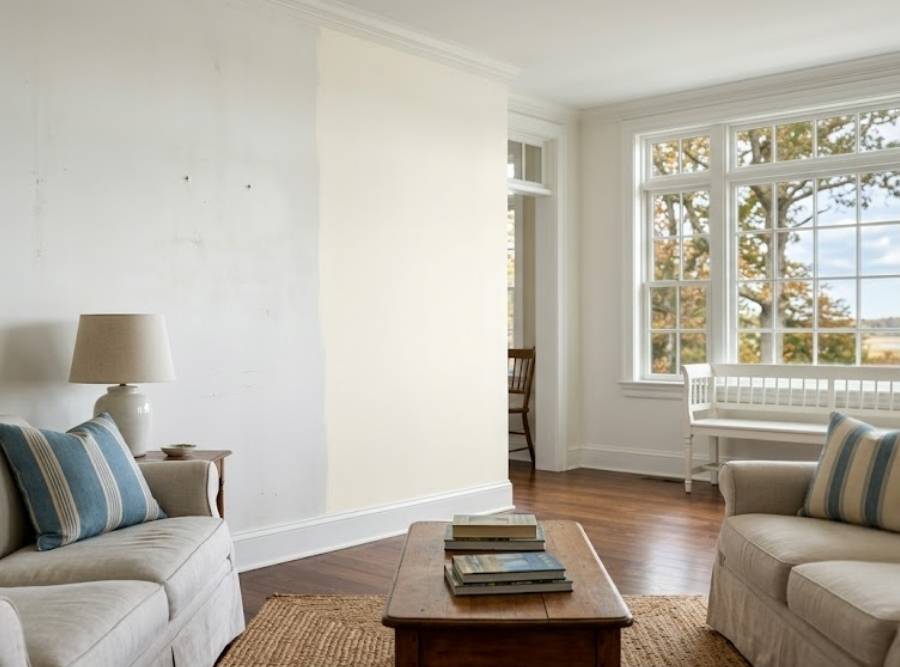 Coastal living room with a wall transitioning from aged, scuffed paint to a fresh, new coat.