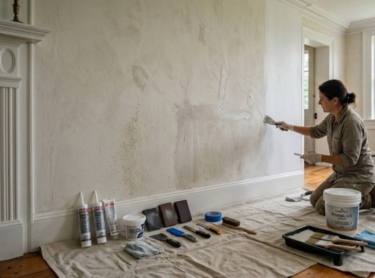 Professional painter repairing historic plaster wall in a Connecticut Colonial home