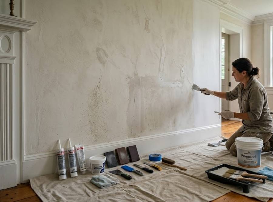 Professional painter repairing historic plaster wall in a Connecticut Colonial home