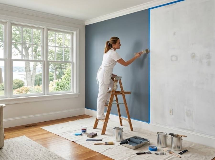 Professional painter applying topcoat next to primed wall in a coastal home.