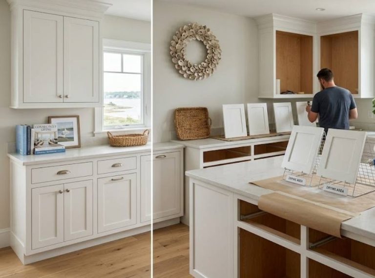 Coastal New England kitchen showing cabinet refinishing vs replacement process.