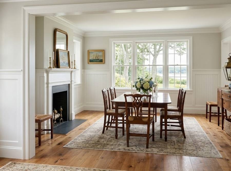 Elegant New England shoreline dining room featuring white wainscoting, wide-plank wood floors, and water views.