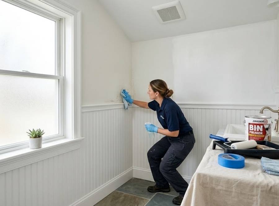 Professional painter preparing a bathroom wall with mildew-resistant primer in a coastal Connecticut home.